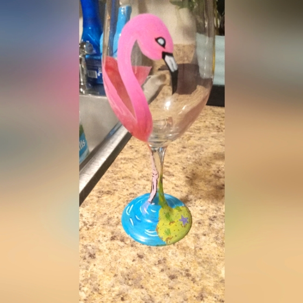 Handpainted Flamingo Wine Glass